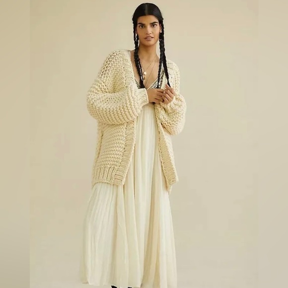 Anthropologie Chunky Knit Cardigan Coxy Natural ONE SIZE Ivory Belted - Picture 5 of 14